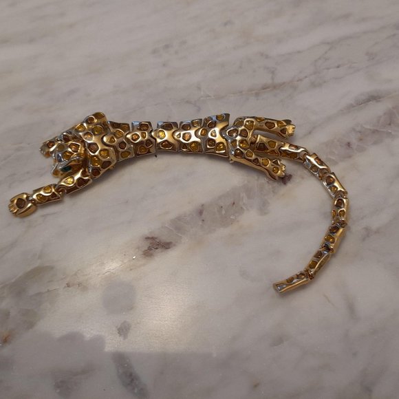 Vintage Articulated Over The Shoulder Leopard Brooch Gold Tone With Amber Stones - Picture 2 of 15